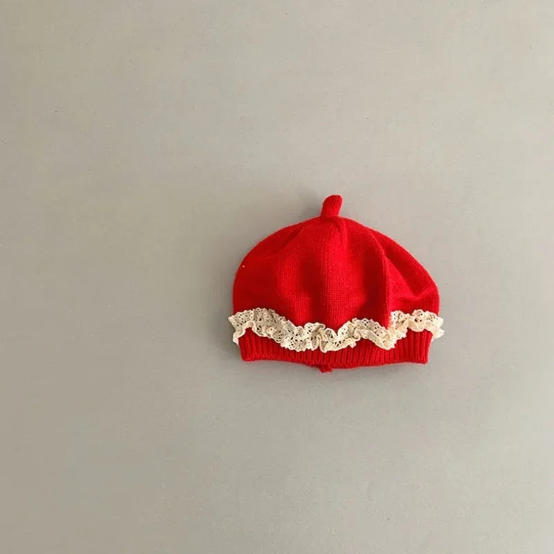 Baby Girl Lace Ruffle Knit Beret Soft Cotton Hat