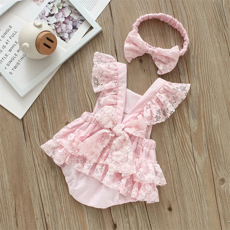 Lace Fly Sleeve Bodysuit & Bow Set for Baby Girls