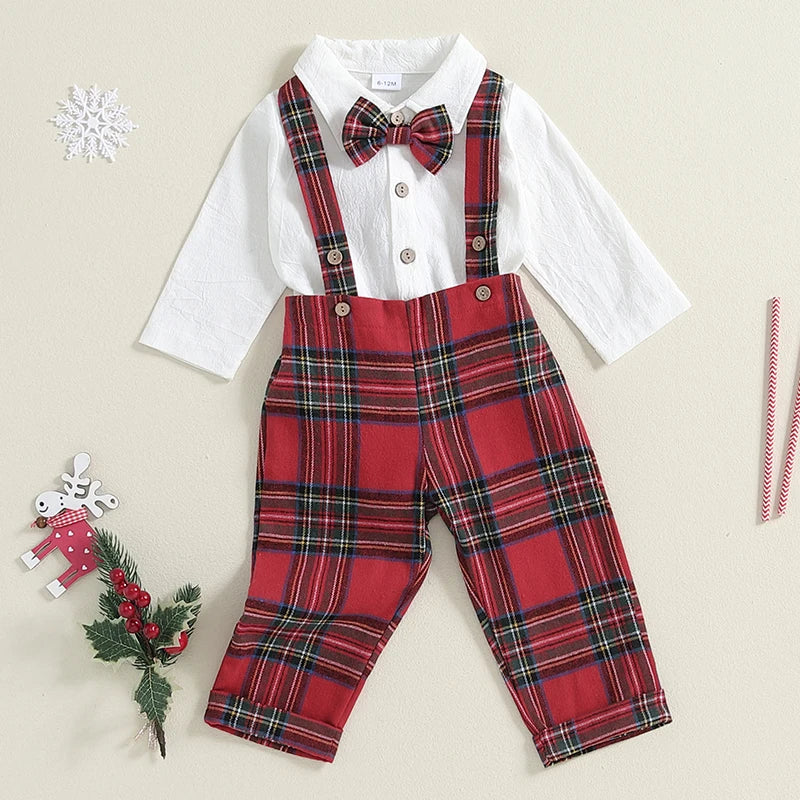 Baby Boy Gentleman Romper Set with Plaid Suspender Pants & Bow Tie
