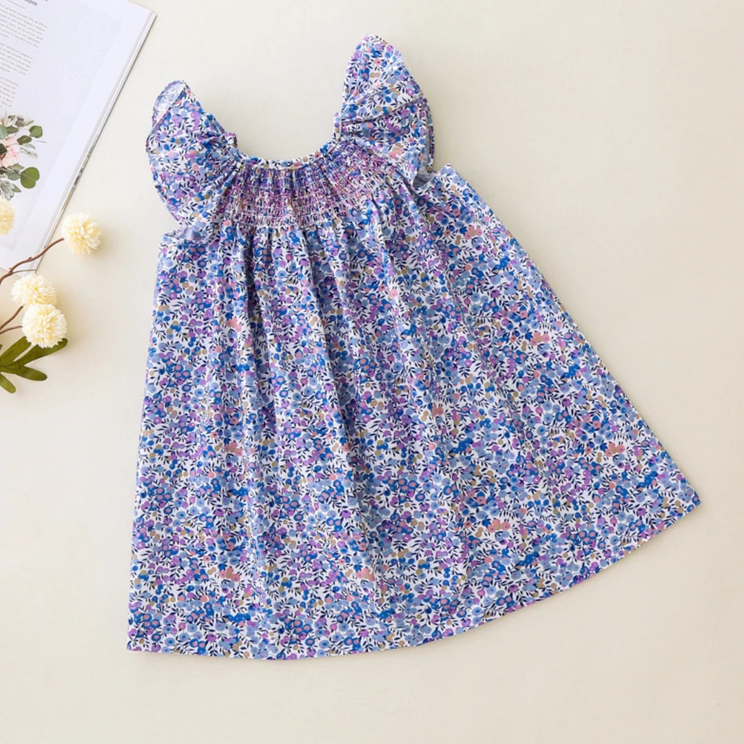 Girls' Summer Smocked Floral Dress with Ruffle Sleeves