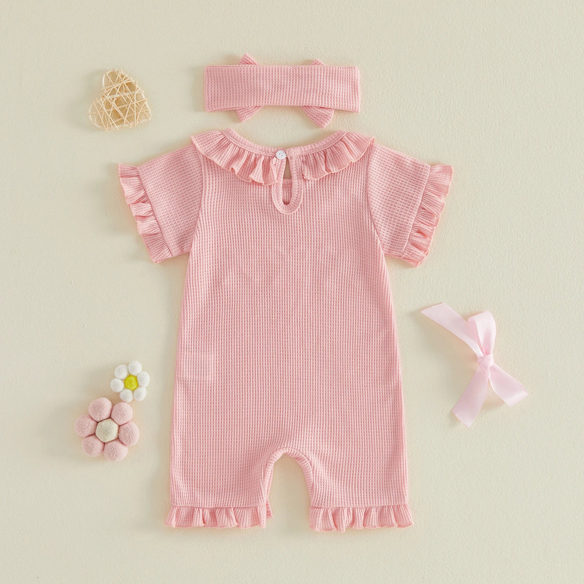 Baby Girl Ruffle Bow Embroidery Cotton Romper & Headband Set
