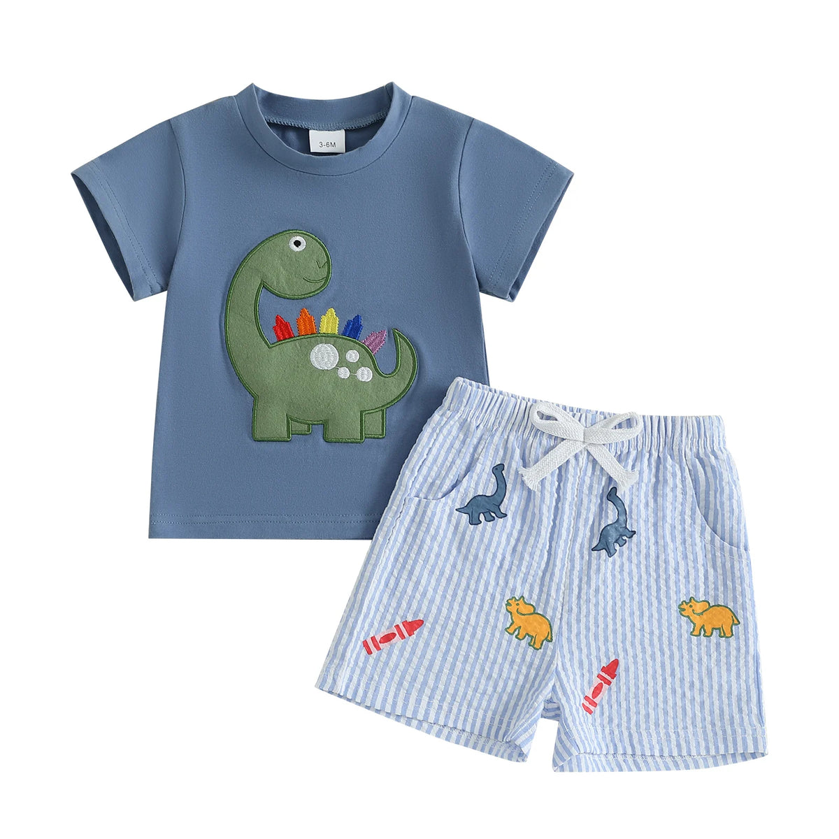 Toddler Boy Dinosaur Embroidery T-Shirt & Striped Shorts 2-Piece Summer Set