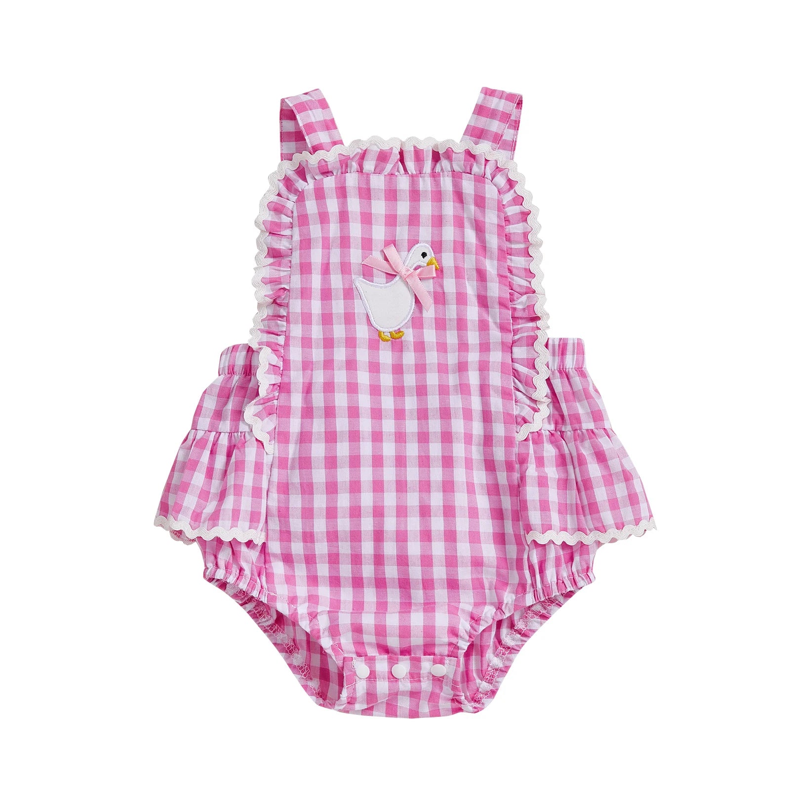 Baby Girl Plaid Duck Embroidery Bow Backless Sleeveless Romper