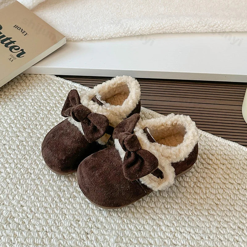 Retro Bow Plush Fur Children's Flats - Warm Fluffy Kids Casual Shoes