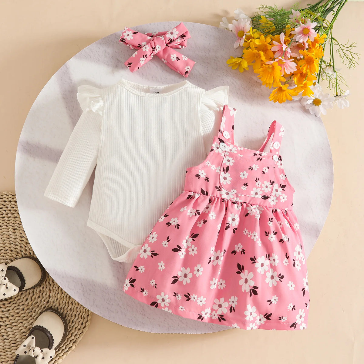 Baby Girl 3-Piece Fall Set | Ribbed Romper + Floral Overall Skirt + Hair Band