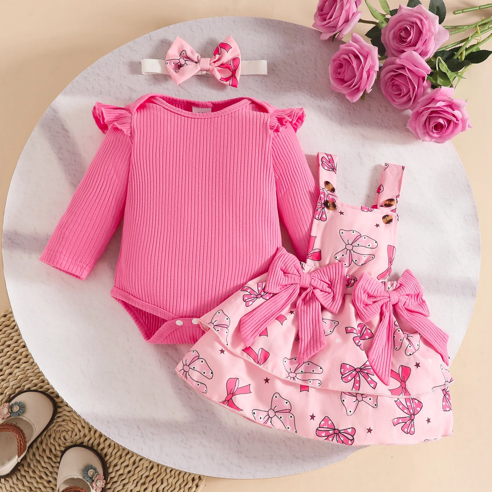 Baby Girl 3-Piece Fall Set | Ribbed Romper + Floral Overall Skirt + Hair Band