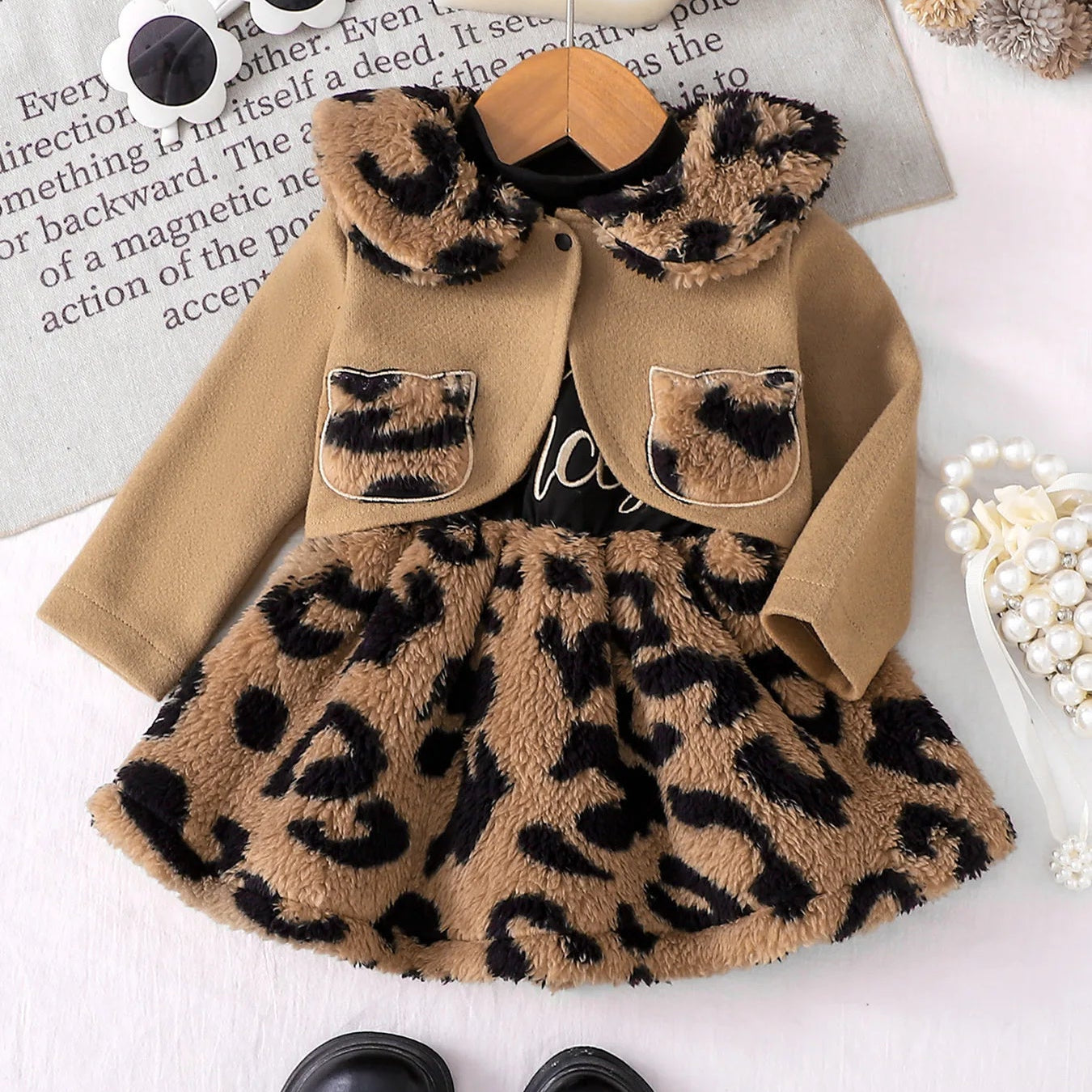 Baby Girl Leopard Plush Dress and Coat Set - Little Princess Winter
