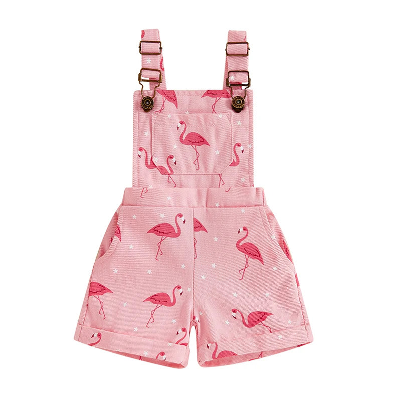 Girls Flamingo Print Denim Overalls