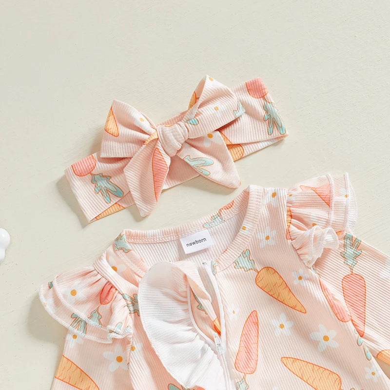 Carrot Print Ruffle Romper & Headband Set
