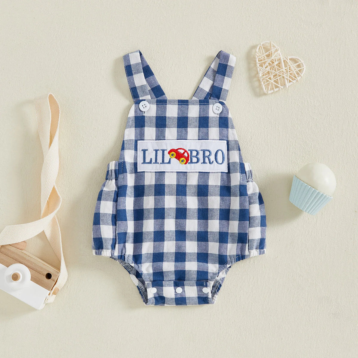 Plaid & Car Embroidery Summer Overalls