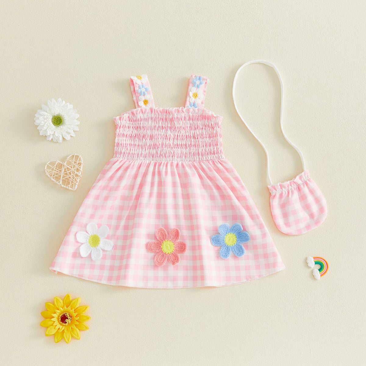Flower Applique Plaid Dress with Matching Bag Set
