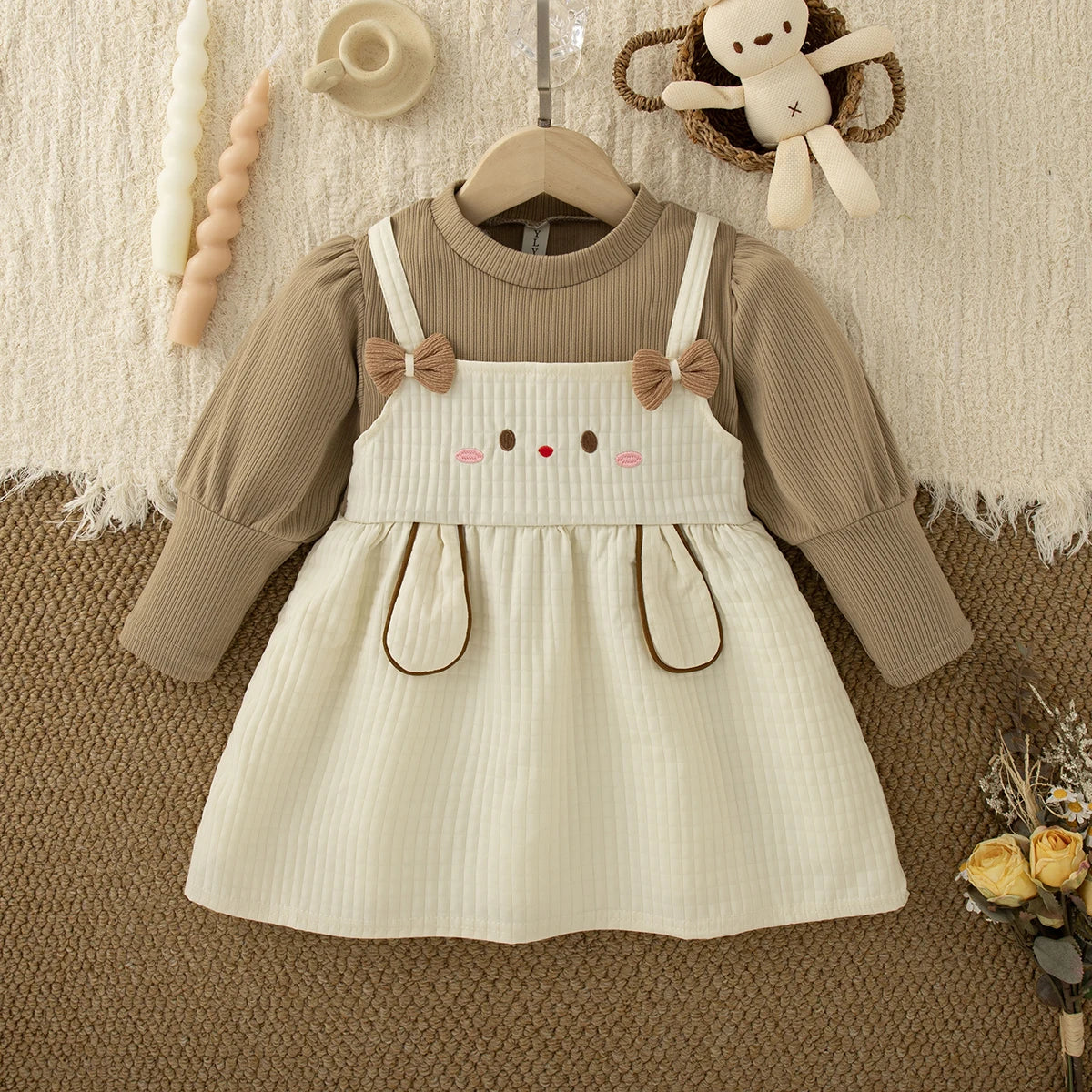 Cute Rabbit Baby Girl Dress Sweet Bow Long Sleeve 9M–3Y