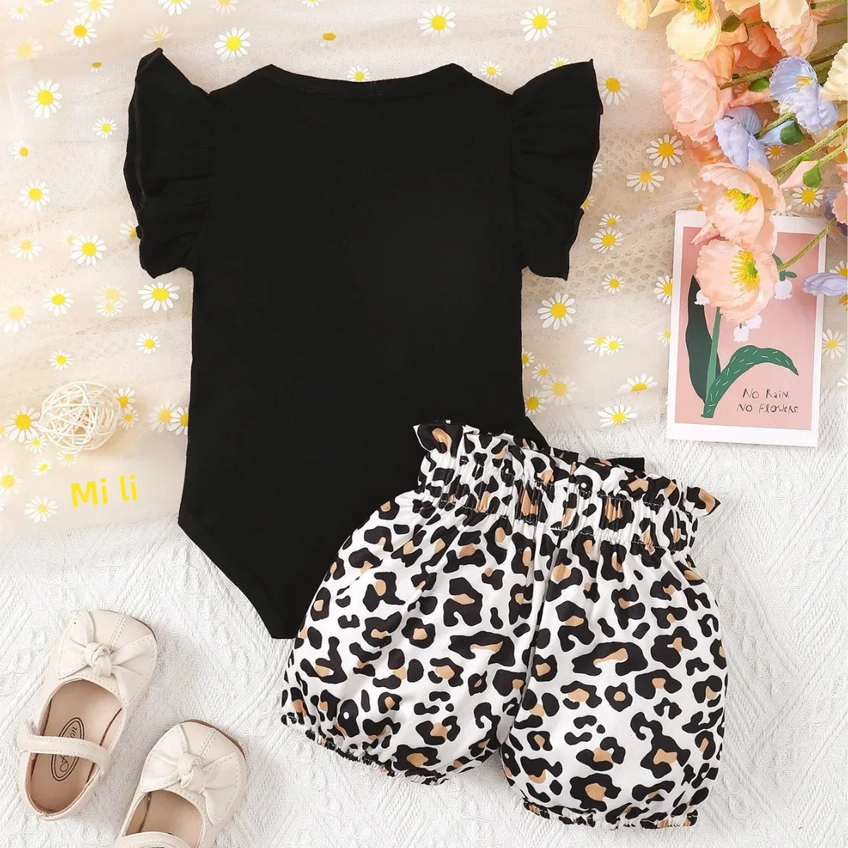 Baby Girl 2 Piece Romper and Leopard Shorts Set