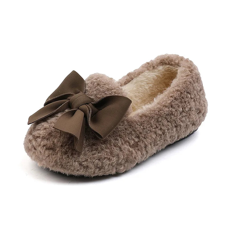 Girls' Fluffy Winter Flats with Bow