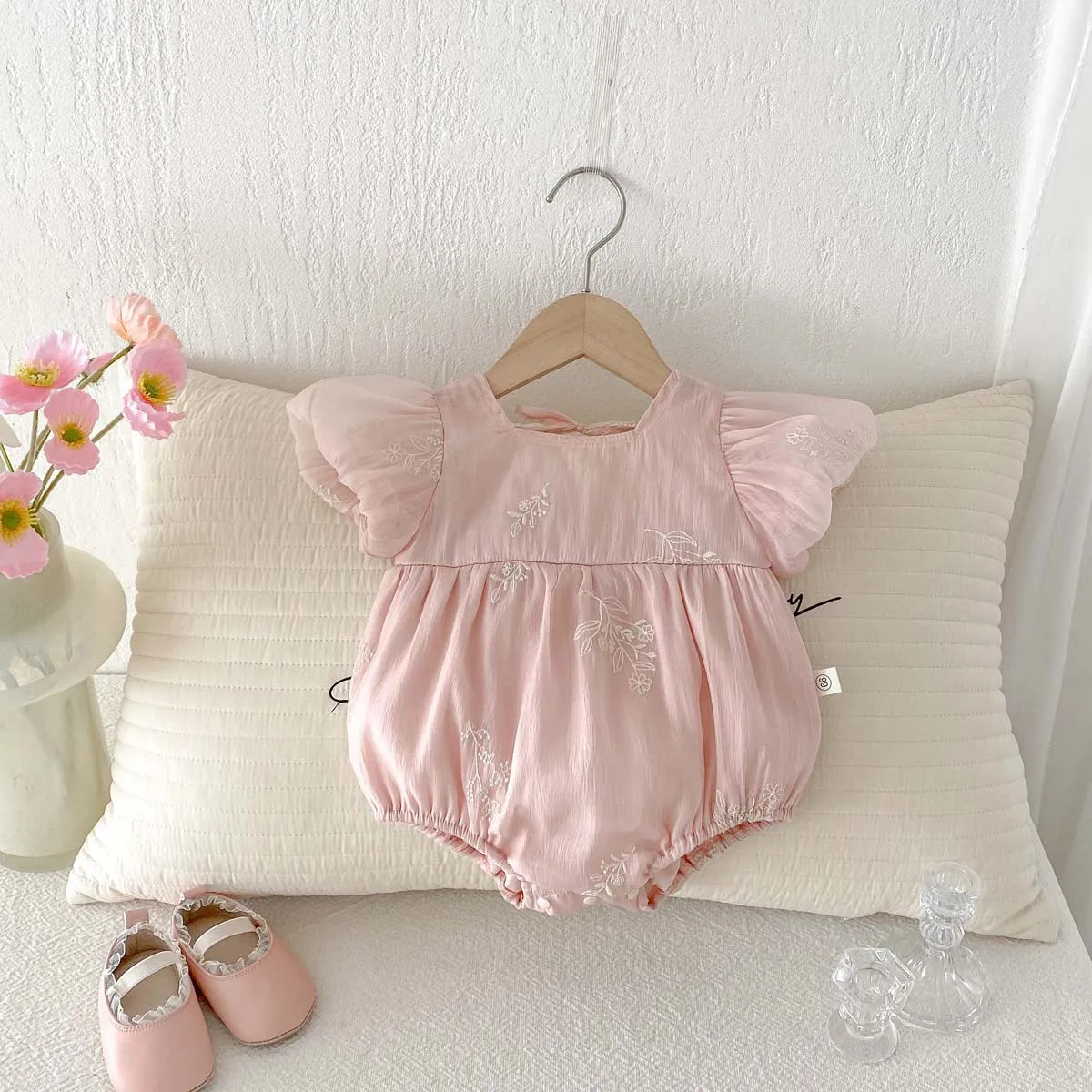 Baby Girl Embroidered Cotton Bubble Sleeve Princess Romper