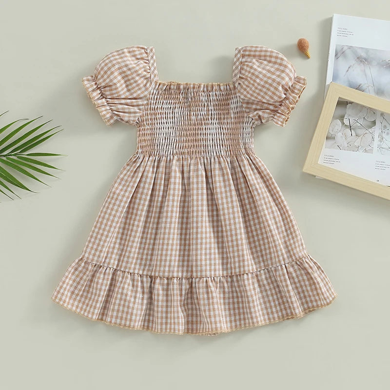 Sweet Summer Puff Sleeve Plaid Dress