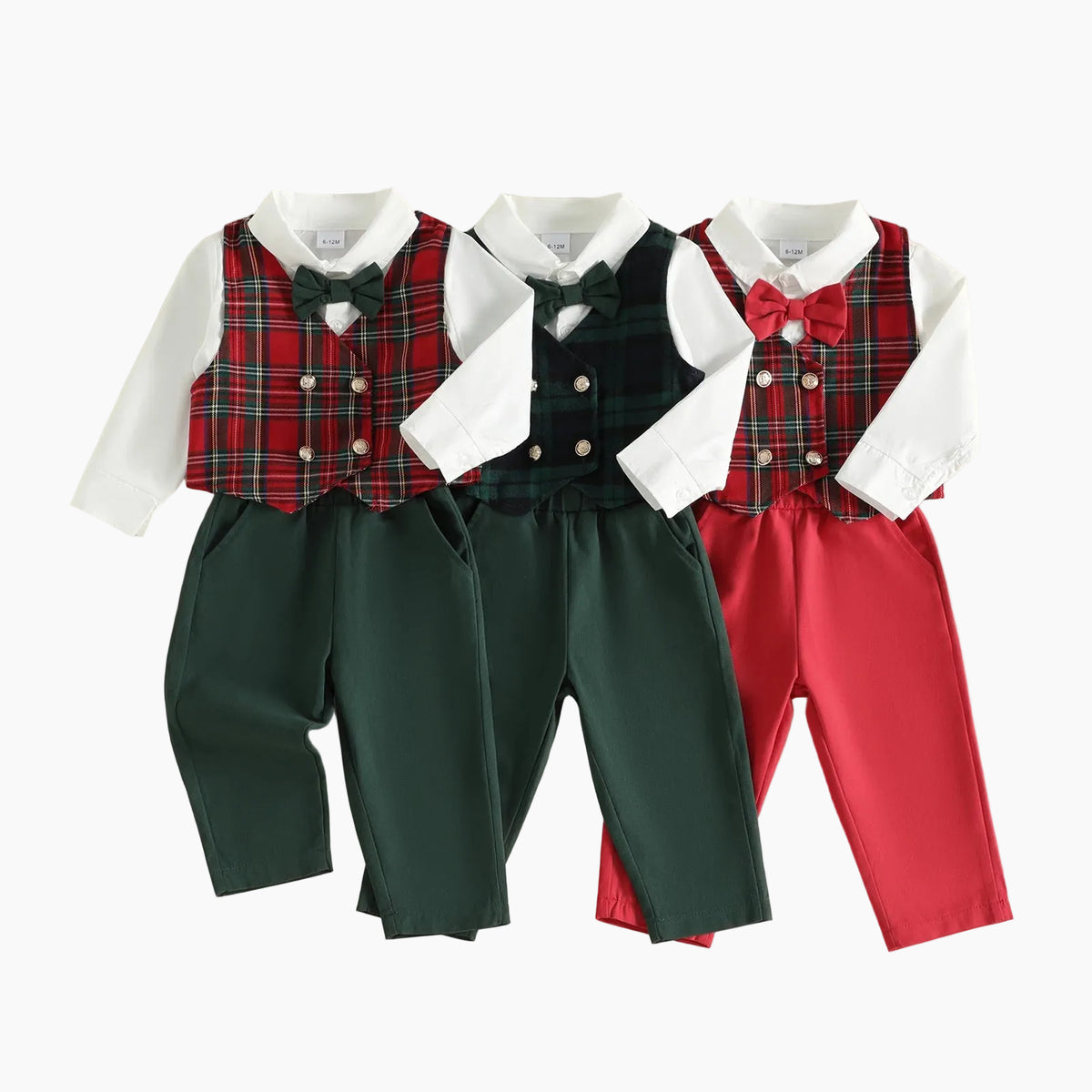 Boys Christmas Plaid Vest Outfit Set with Bow Tie & Pants