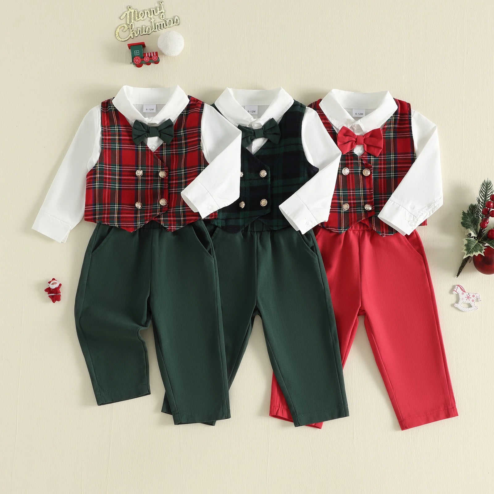 Boys Christmas Plaid Vest Outfit Set with Bow Tie & Pants