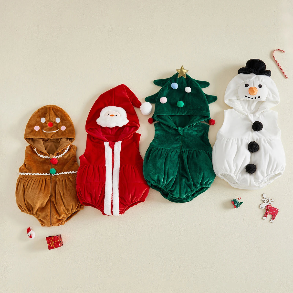 Baby Christmas Hooded Romper Costume – Gingerbread, Tree, Santa & Snowman