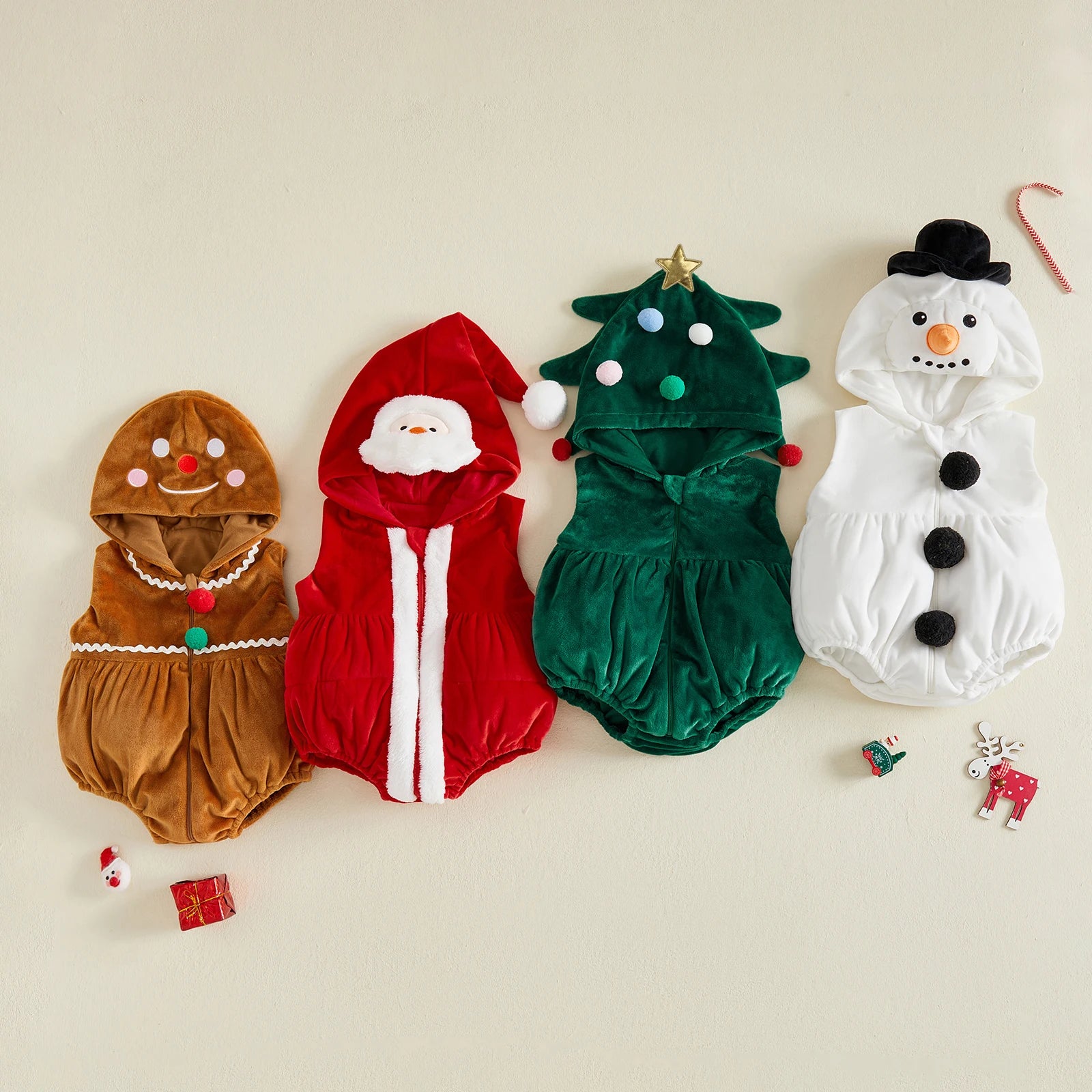 Baby Christmas Hooded Romper Costume – Gingerbread, Tree, Santa & Snowman