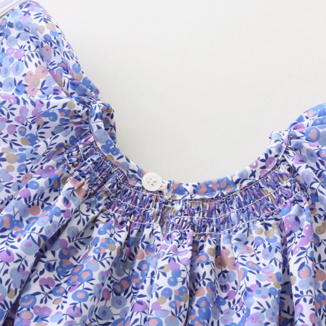 Girls' Summer Smocked Floral Dress with Ruffle Sleeves