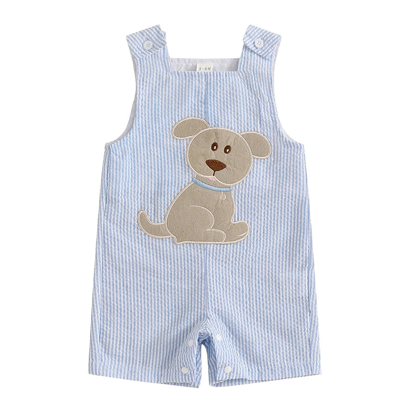 Dog Embroidered Seersucker Overalls for Toddlers