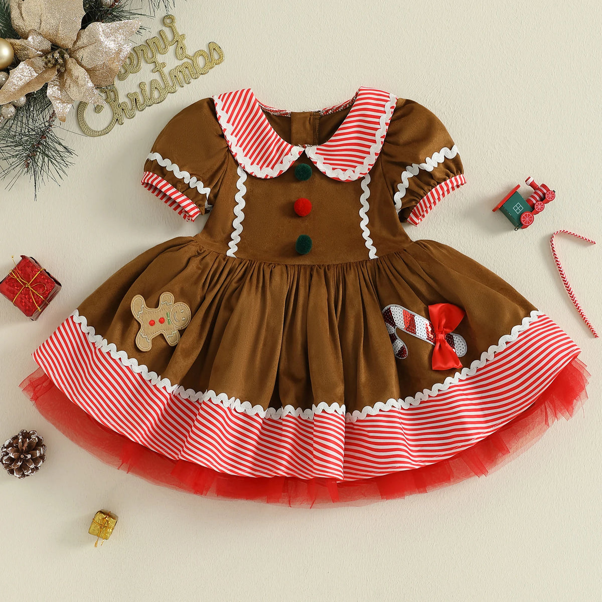 Toddler Girl's Christmas Gingerbread Man Collar Dress