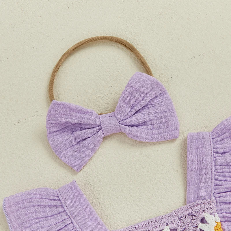 Baby Girl Crochet Flower Smocked Ruffle Romper & Headband Set