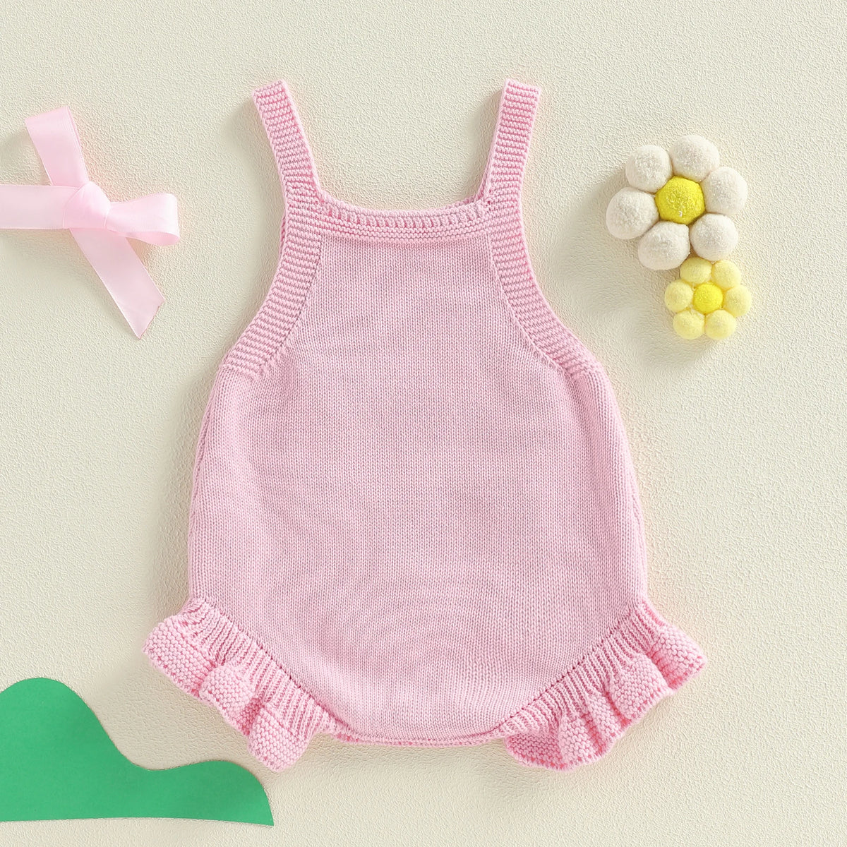 Baby Girl Sleeveless Duck & Flower Knit Overall Bodysuit