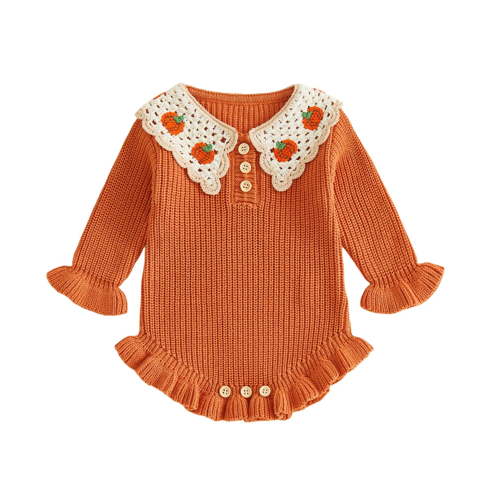 Baby Girl Pumpkin Embroidered Knit Romper
