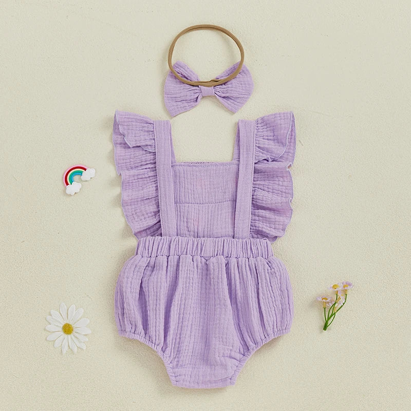 Baby Girl Crochet Flower Smocked Ruffle Romper & Headband Set