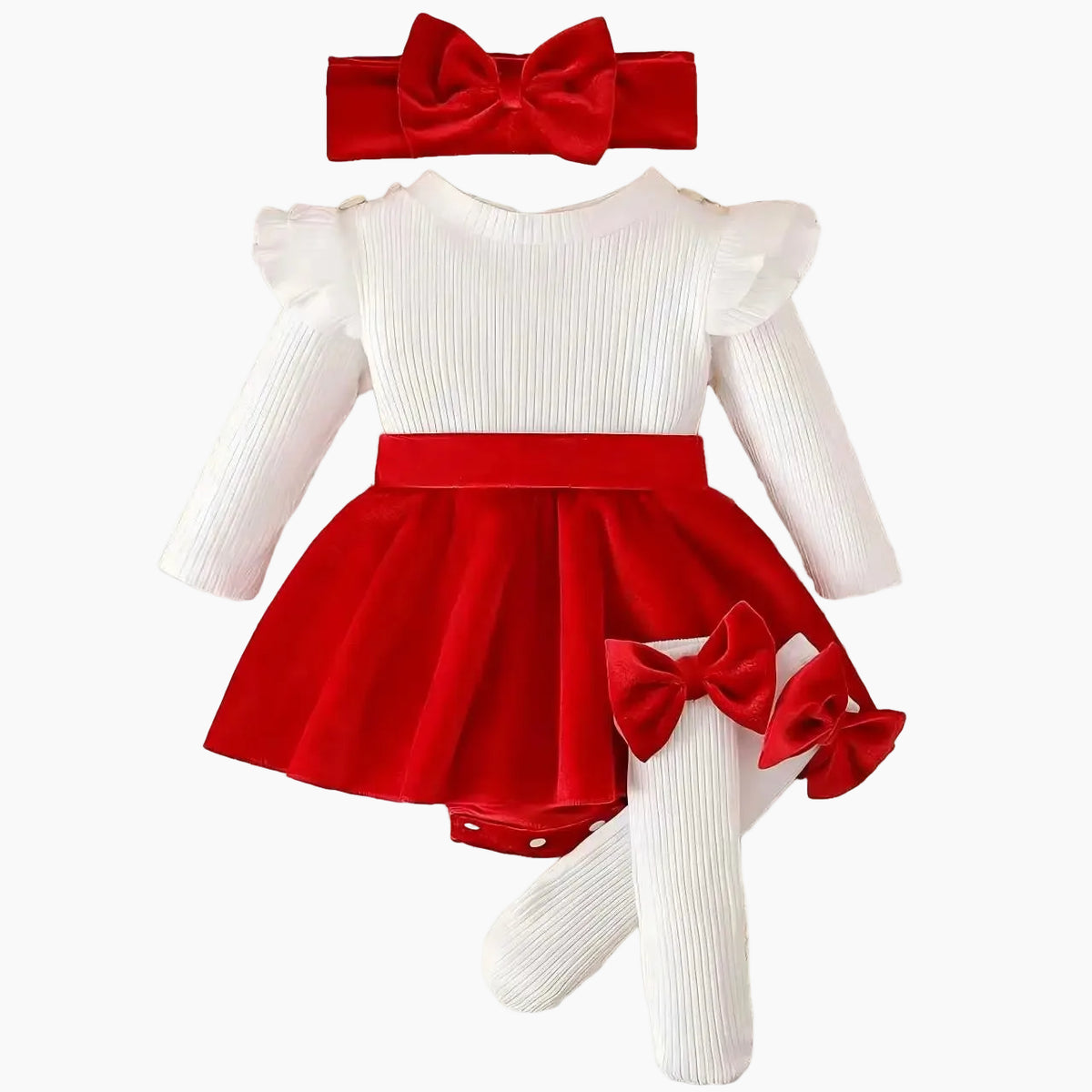Baby Girl Red Bow Romper Dress Set with Headband & Socks