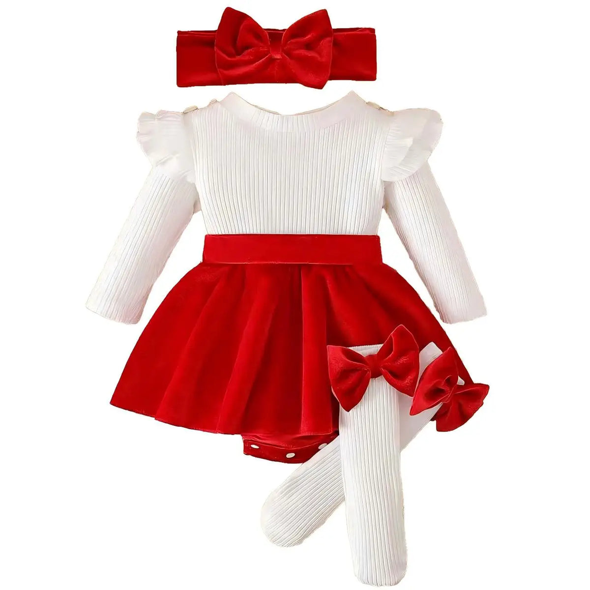 Baby Girl Red Bow Romper Dress Set with Headband & Socks