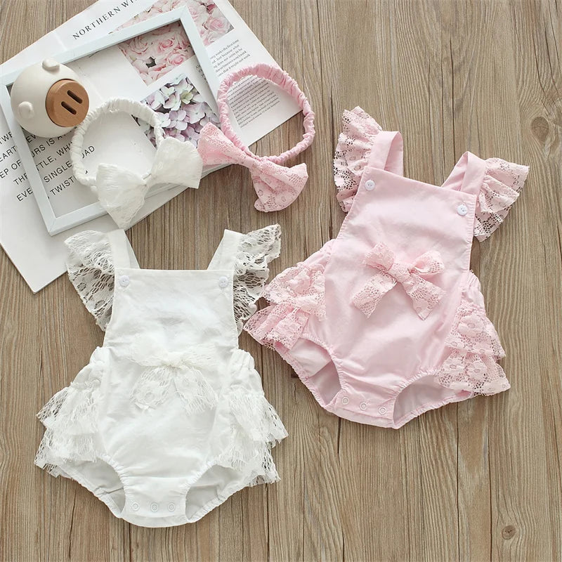 Lace Fly Sleeve Bodysuit & Bow Set for Baby Girls