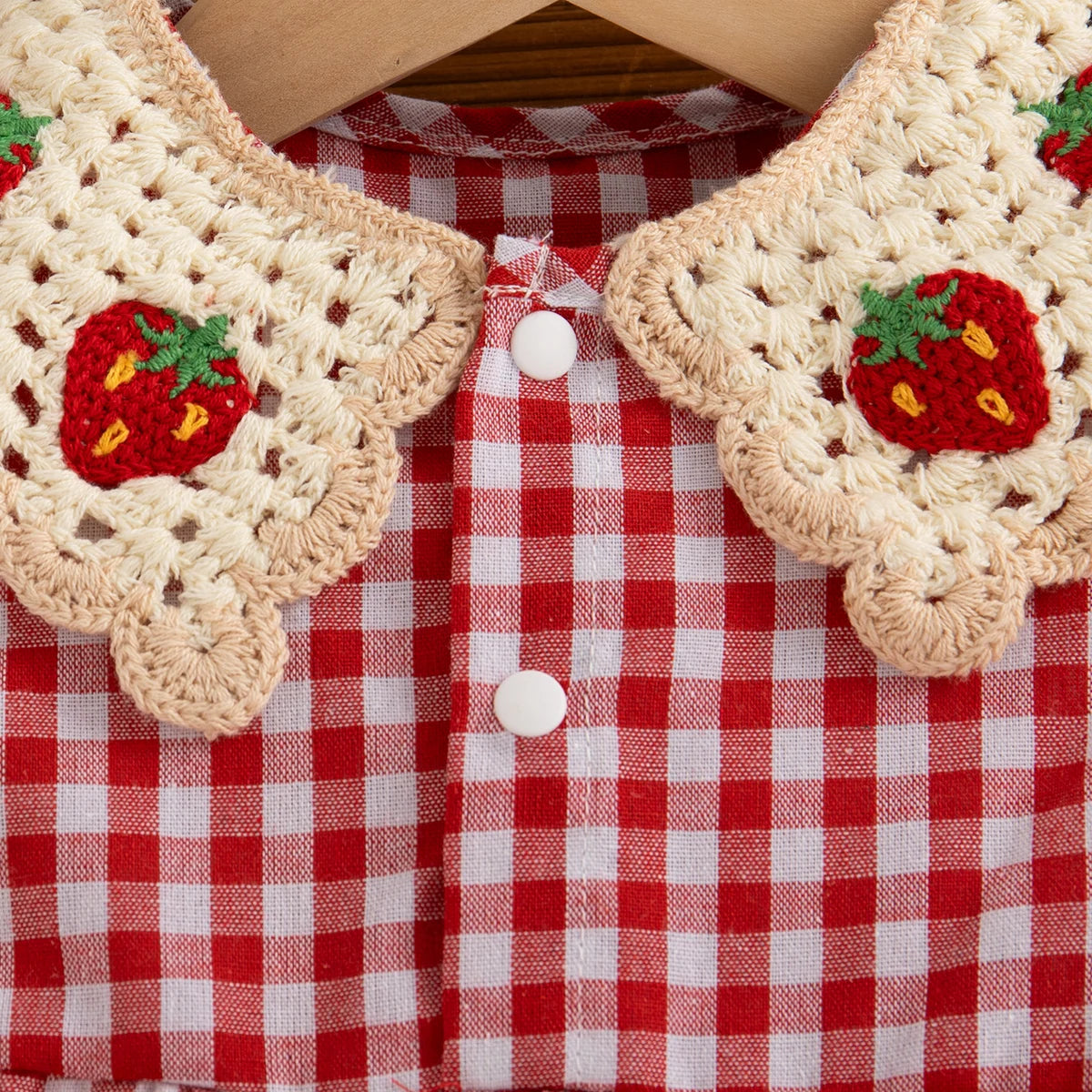 Checkered Dress with Strawberry Crochet Collar