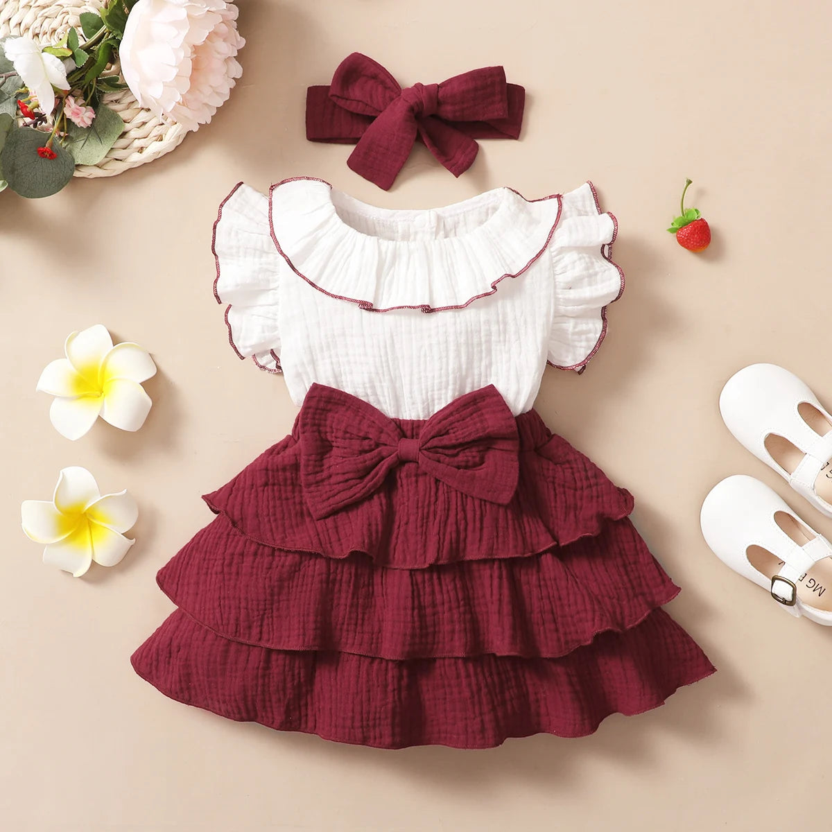 Baby Girl Wine Red Tiered Ruffle Dress & Headband Set