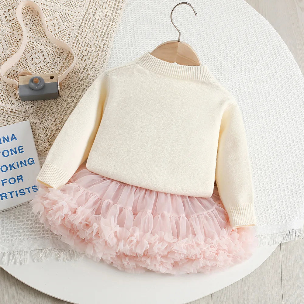 Girls Knitted Cardigan and Tutu Skirt Set - Heart Patchwork 2PCS