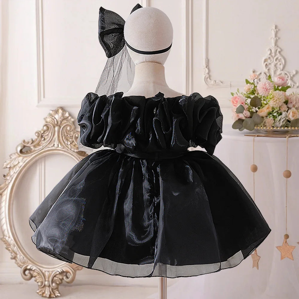 Girl's Black Couture Party Dress with Rosettes