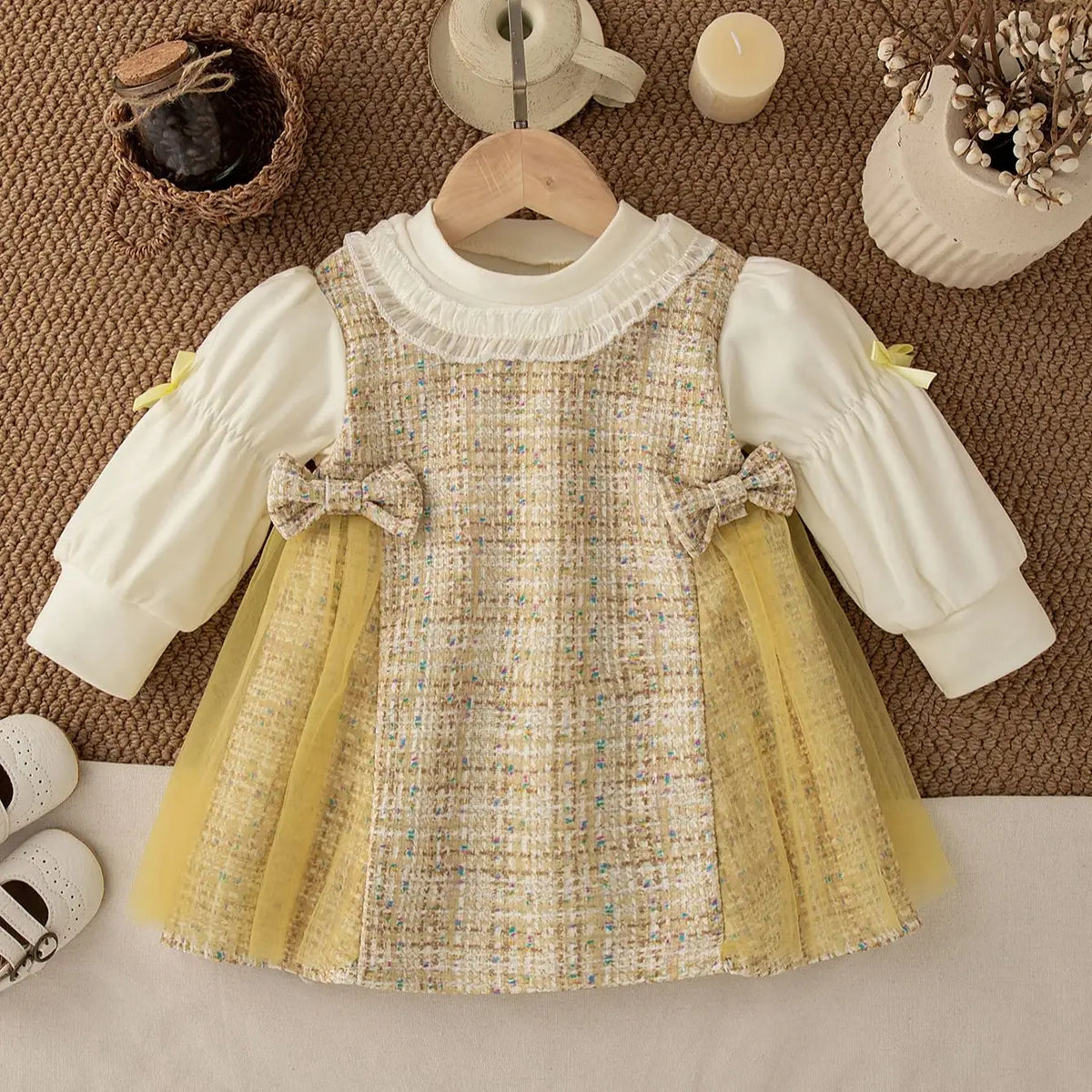 Checkered Bow Baby Girl Princess Dress Long Sleeve