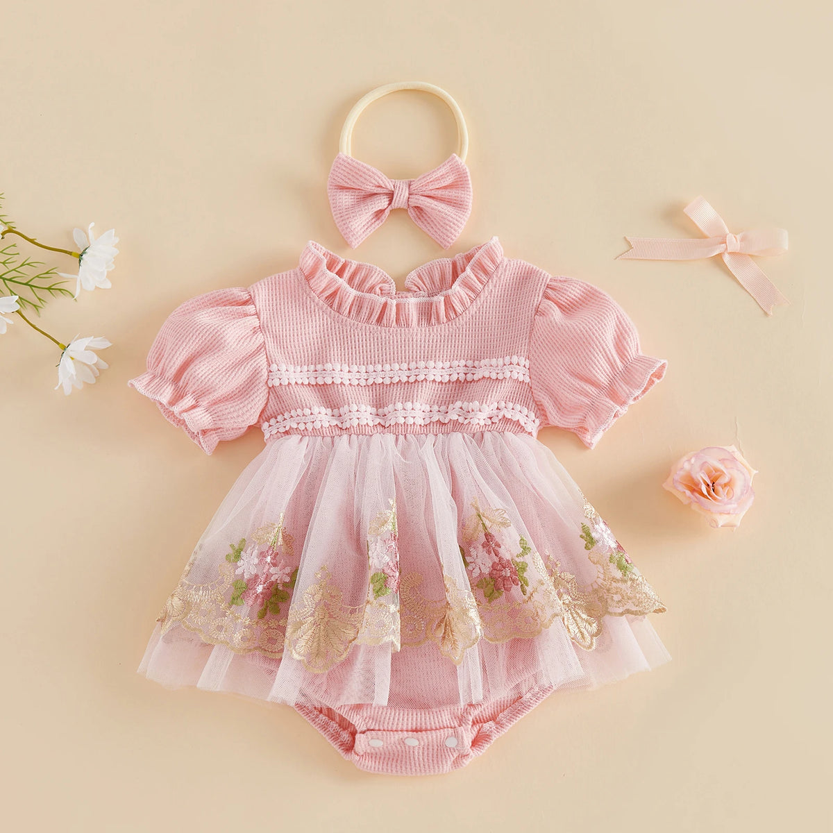 Baby Girl Romper Dress & Bow Headband Set - Floral Tulle Embroidery
