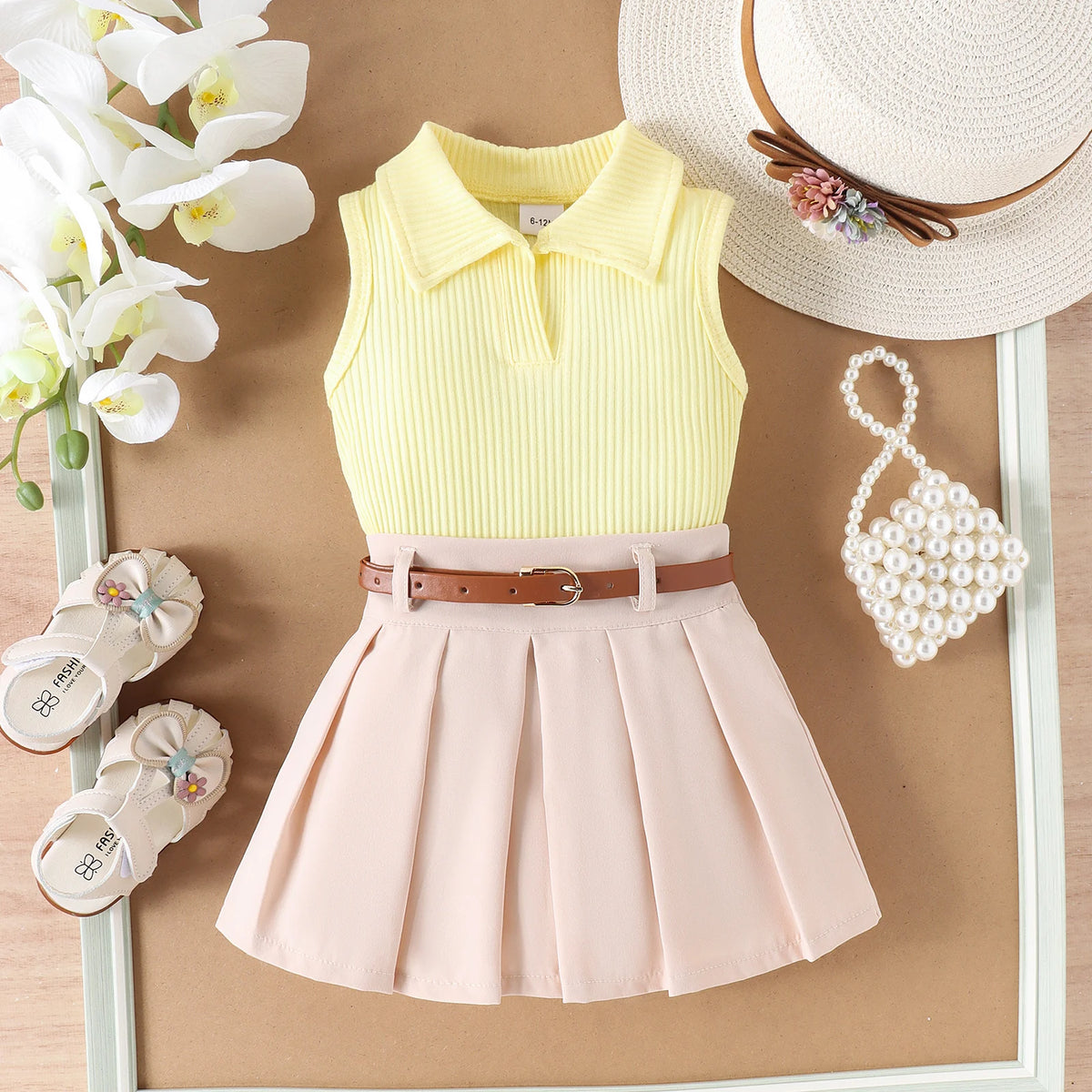 Ribbed Lapel Vest Top and Pleated Skirt Set