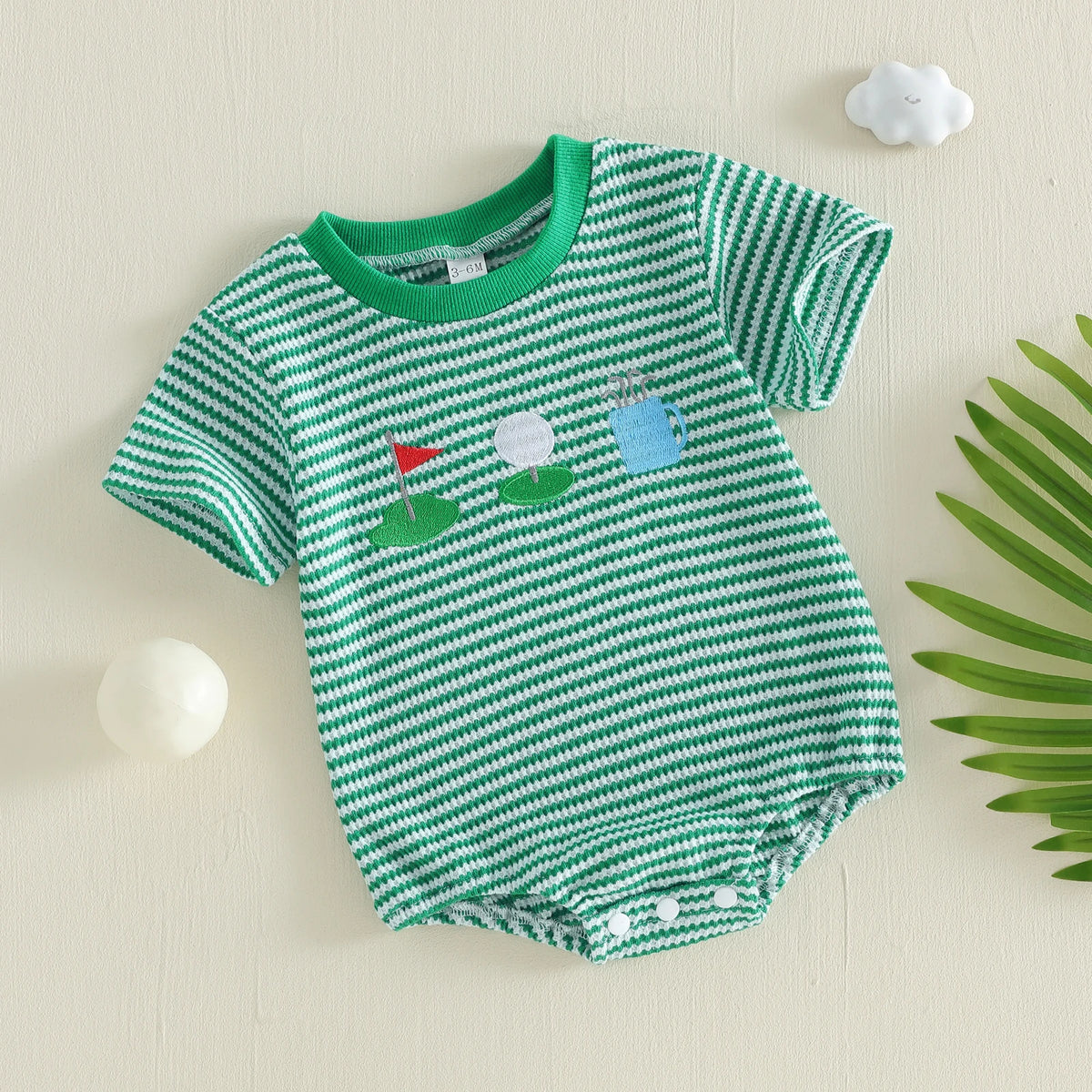 Baby Boy's Striped Golf Themed Embroidered Romper