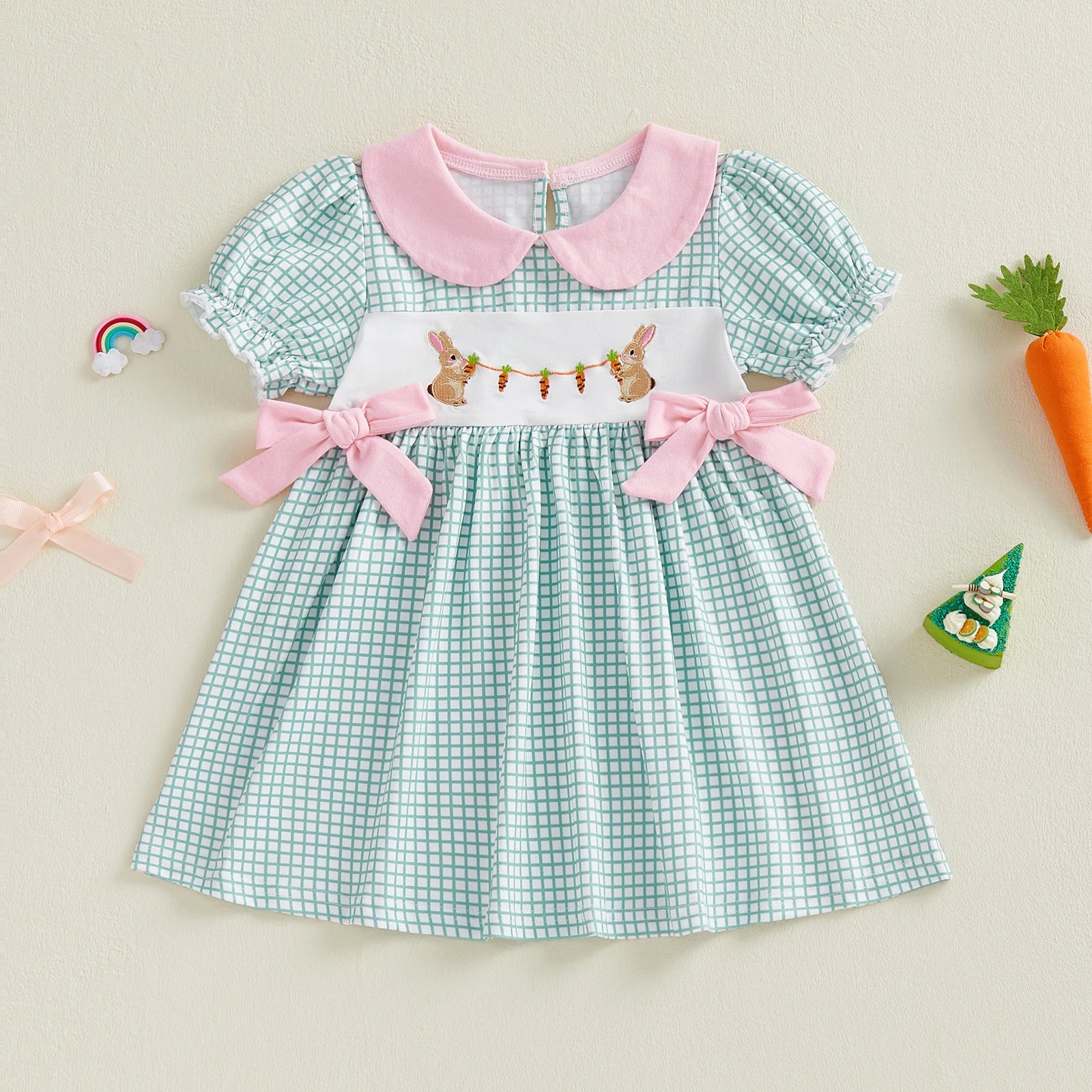 Rabbit & Carrot Embroidered Plaid Dress