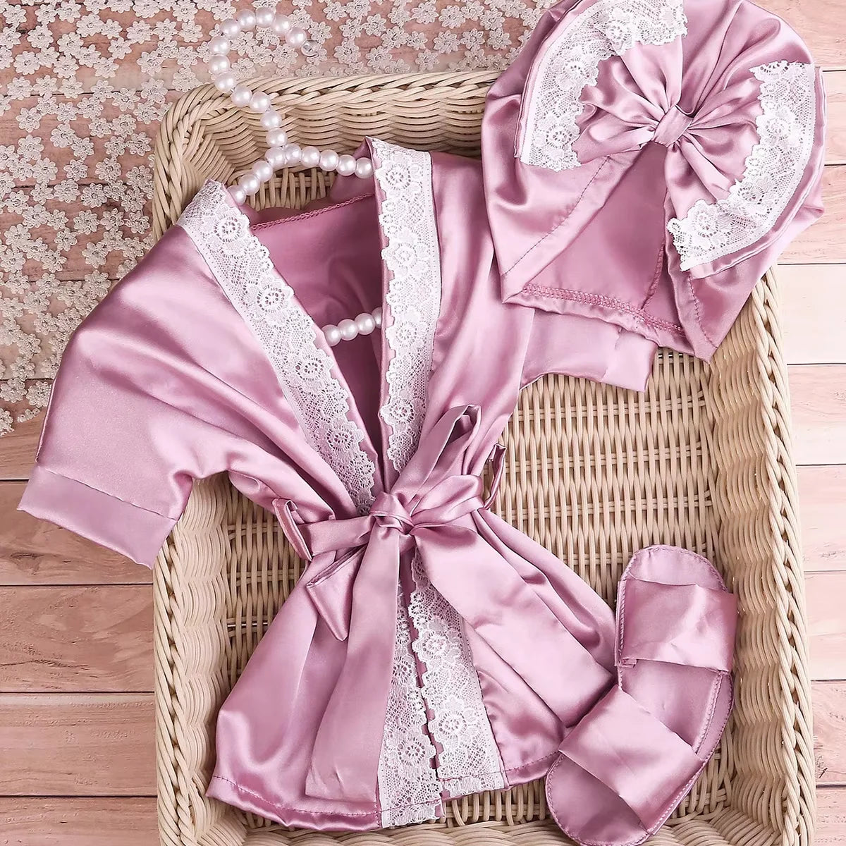 Newborn Lace Bathrobe Photo Set for Baby Girls - Robe, Turban Hat and Slippers