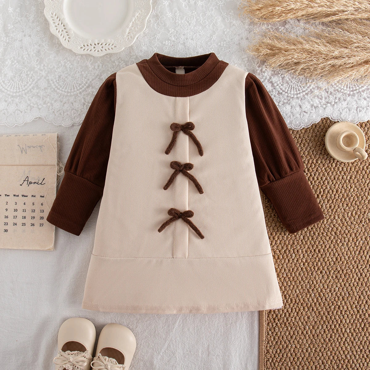 Baby Girl Colorblock Bow Knit Long Sleeve Dress 9M–3 Years