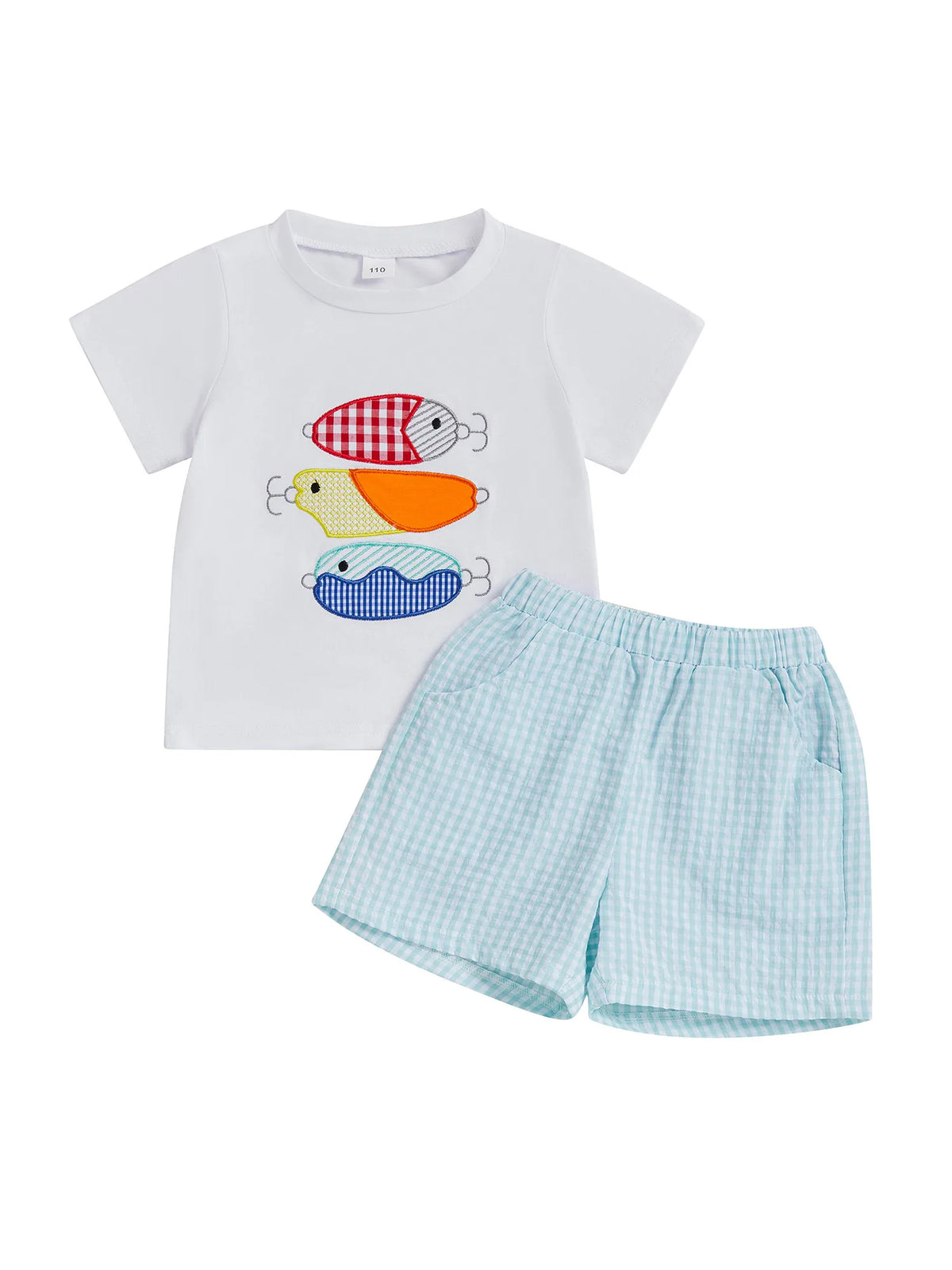 Fish Print T-Shirt and Gingham Shorts Set