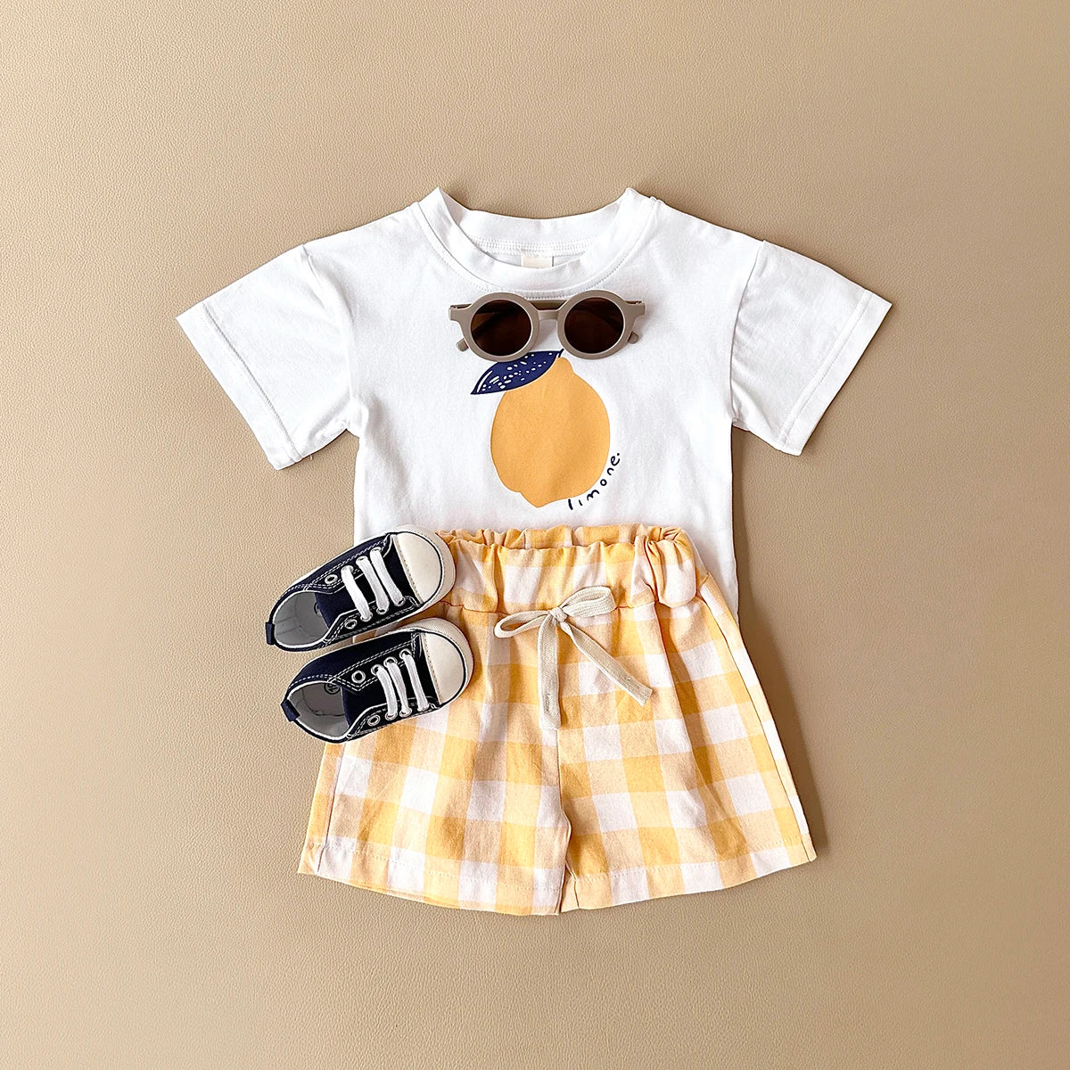 Lemon Print T-Shirt and Checkered Shorts Set