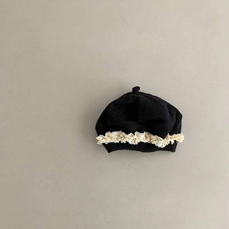 Baby Girl Lace Ruffle Knit Beret Soft Cotton Hat