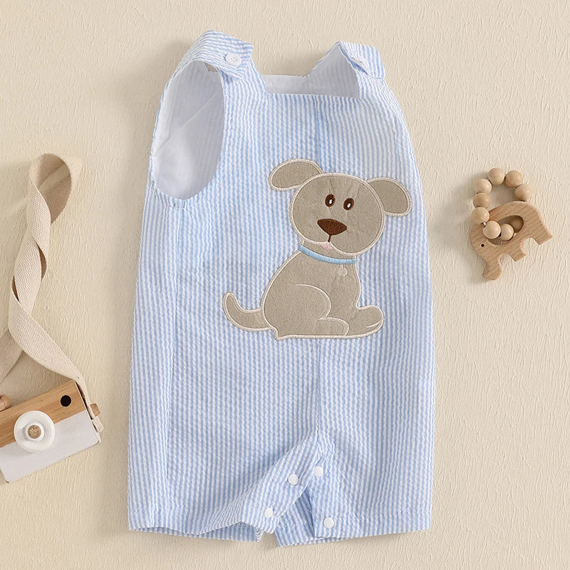 Dog Embroidered Seersucker Overalls for Toddlers