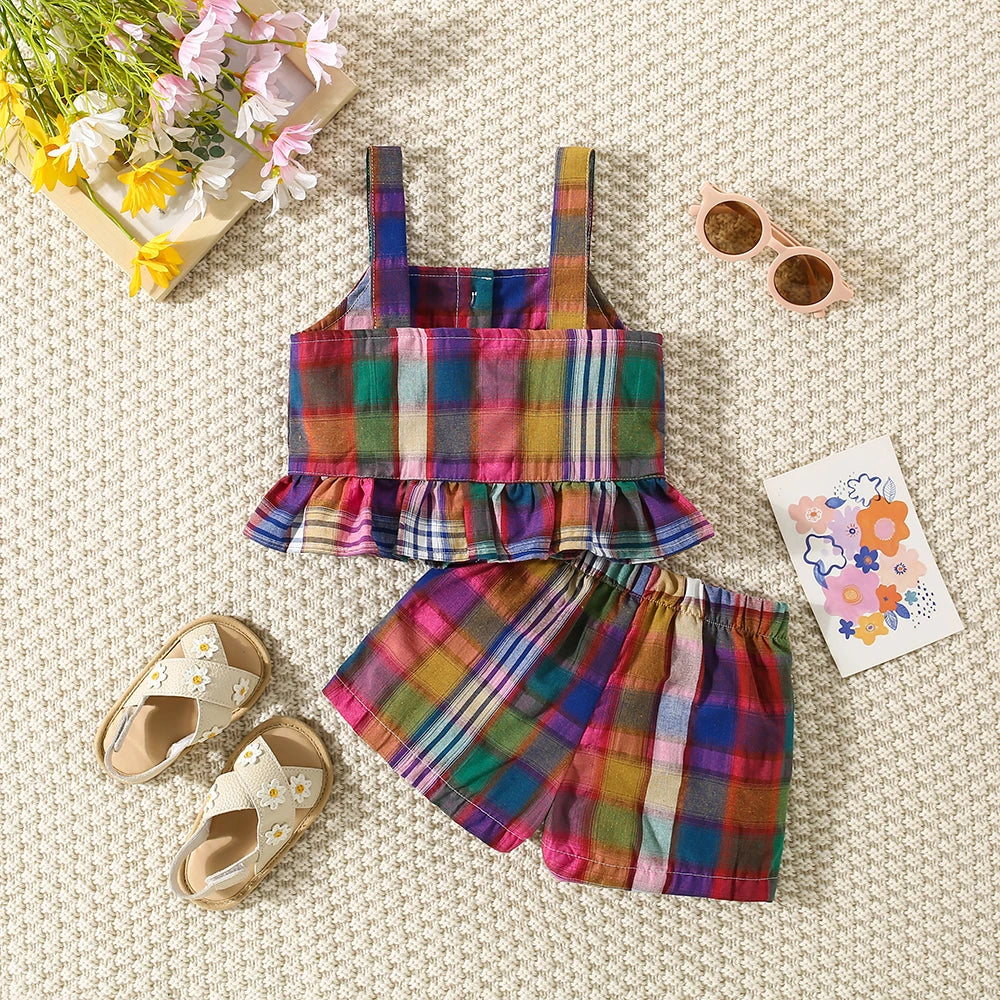 Simple Plaid Camisole Top & Shorts Set for Baby Girls
